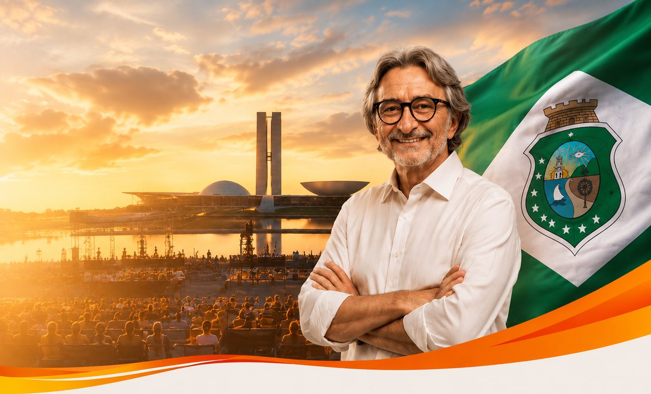 Dr. Acilon Gonçalves, de braços cruzados, com o Congresso Nacional e a bandeira do Ceará ao fundo